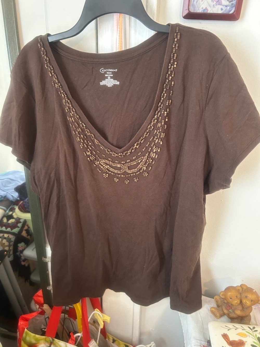 Context Chocolate Brown Beaded V-Neck Tee